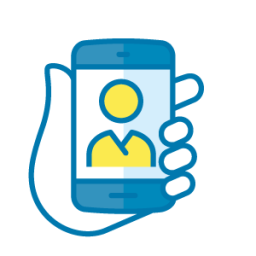 Graphic hand holding phone with health-care worker on the line.