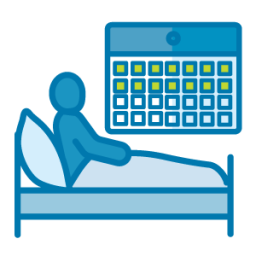 Graphic person in bed with monthly calendar illustration.