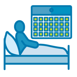 Graphic person in bed with monthly calendar illustration.