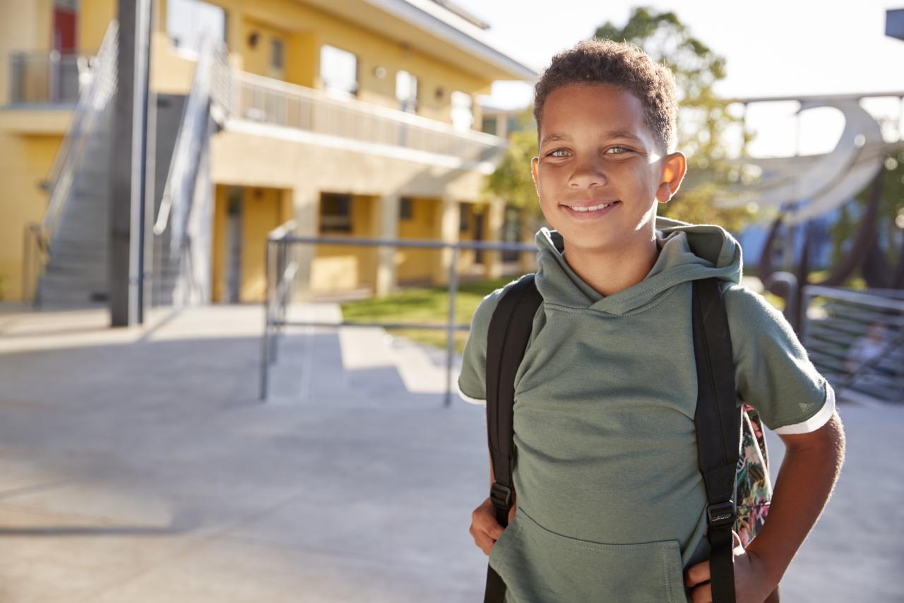 Child smiling outside of a school