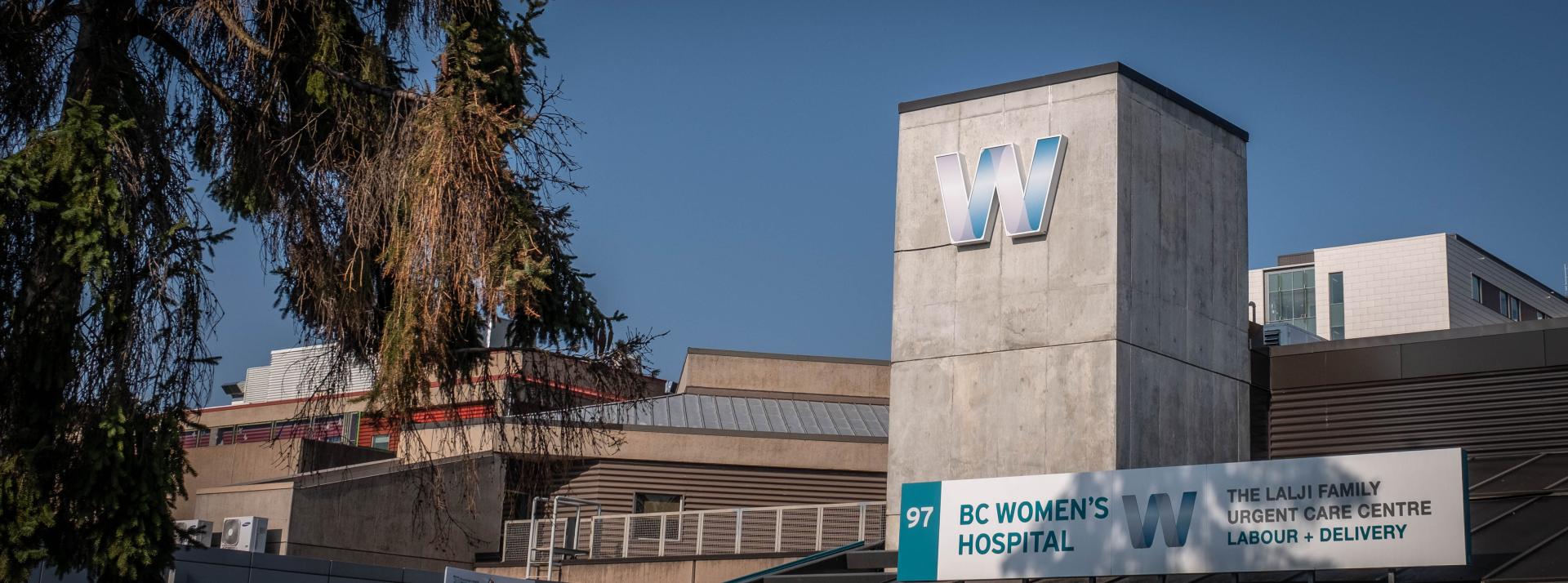 Exterior shot of the BC Women's Hospital showing the logo on the building